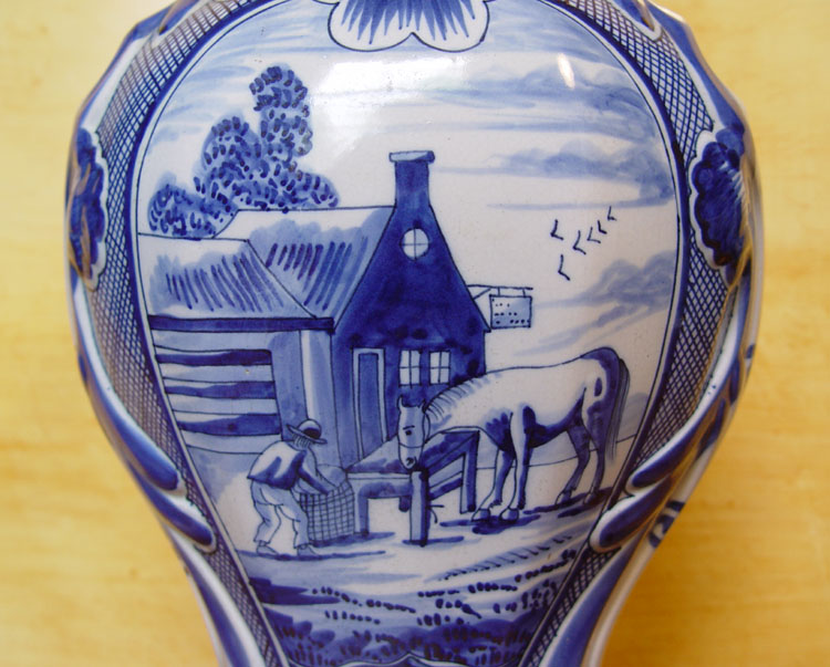 Large Dutch Delft Baluster Vase Horse Smithy Ca. 1800  