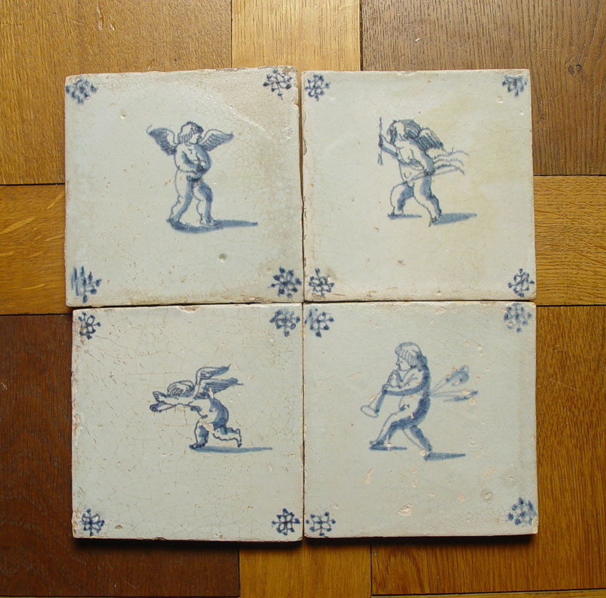 Set of 4 Antique Dutch Delft Tiles Angel 17th C. Music  